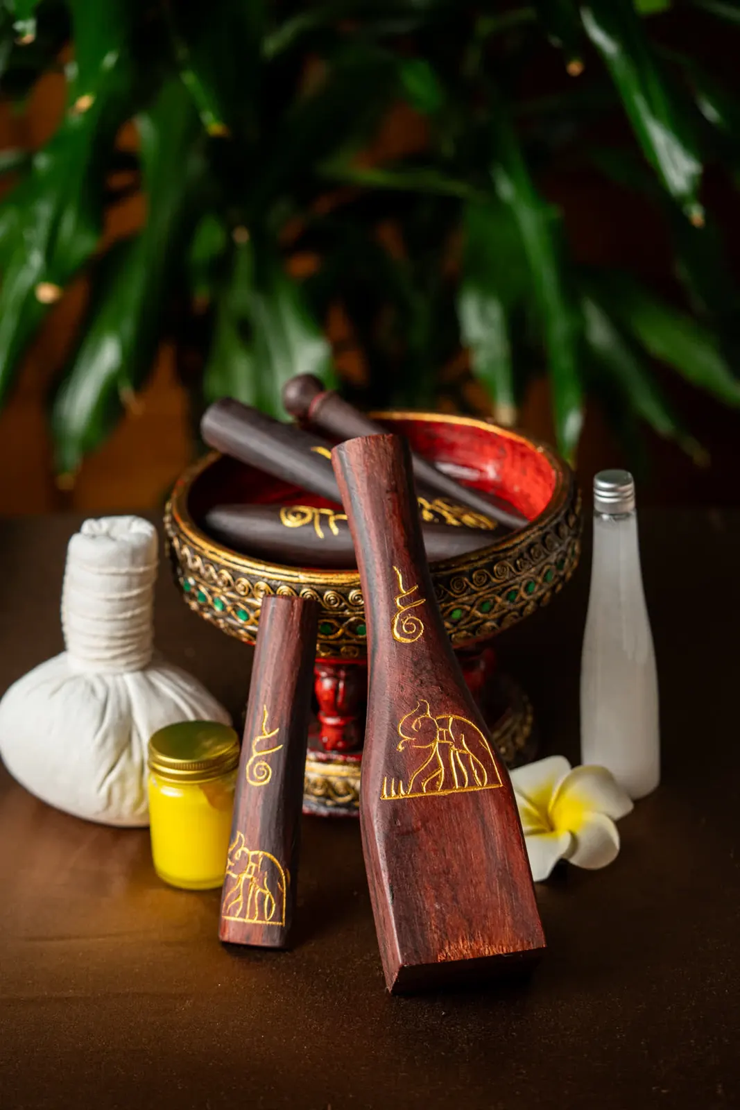 Mo's traditional carved Tok Sen tools, herbal compress, and oils